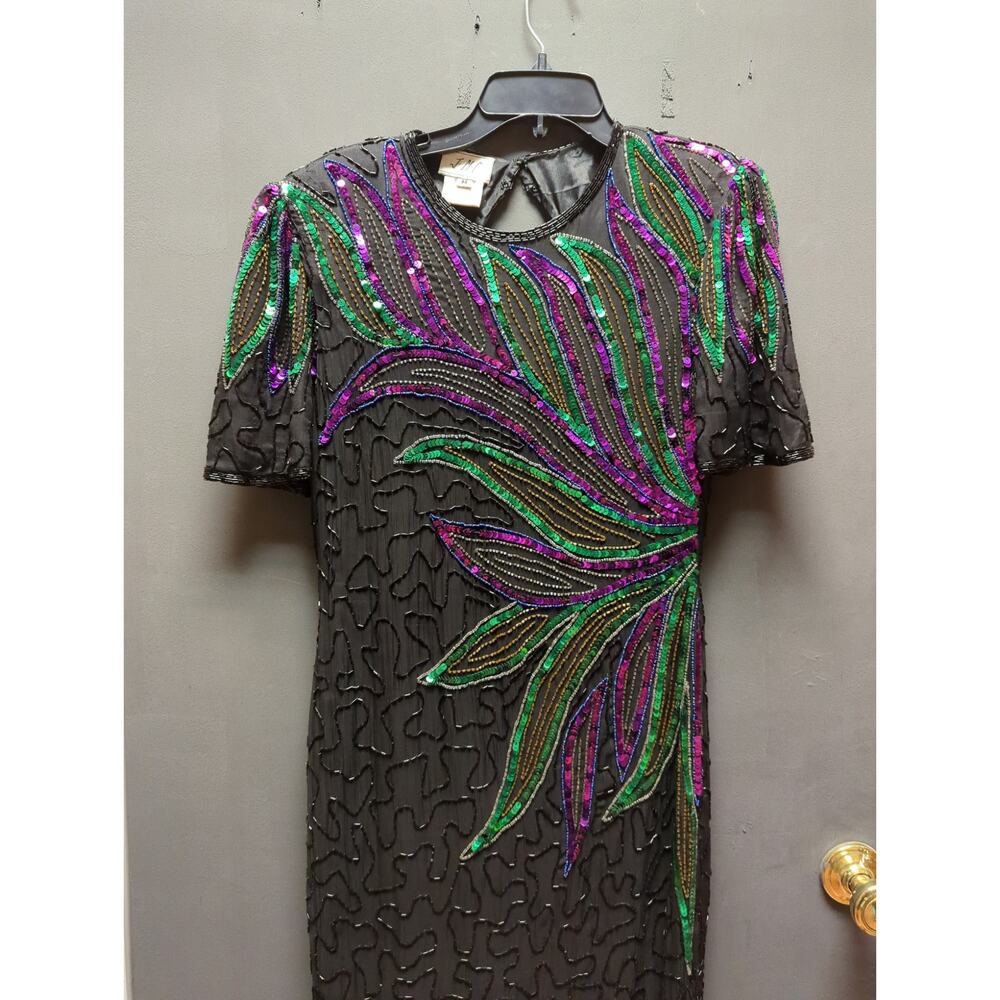 Vintage 1980 Sequin Silk Beaded cocktail Black dress green Design purple Medium - Picture 2 of 9